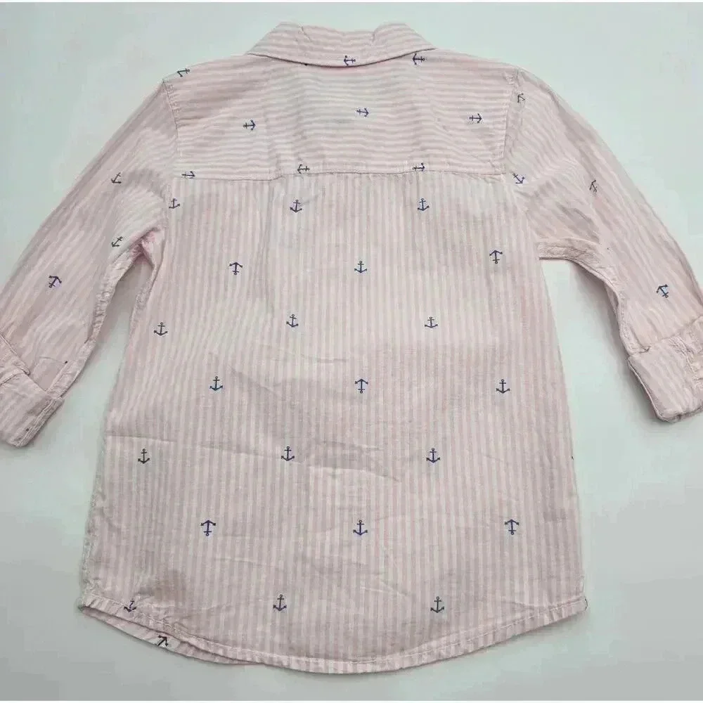 Osh Kosh Boy's Size 6 Pink Stripe with Blue Anchor Detail Long Sleeve Polo Shirt